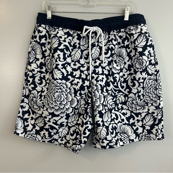 NWT Amazon Blue/White Floral Drawstring Hawaiian Swim Trunks Size Large - Picture 2 of 11